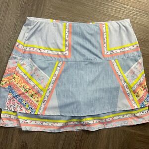 Lucky in Love Long Blossom Floral Tennis Skort Womens Medium Blue Yellow Golf